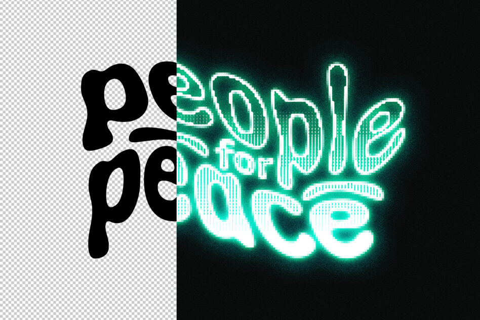Split layout showing black wavy type on left, bright cyan neon text on right
