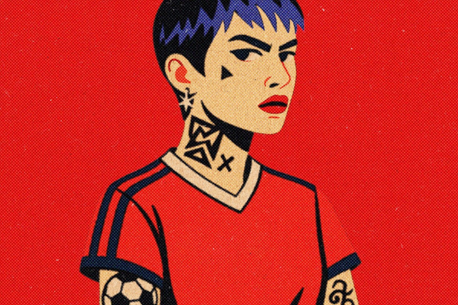 Profile portrait of short-haired person with geometric neck tattoo design