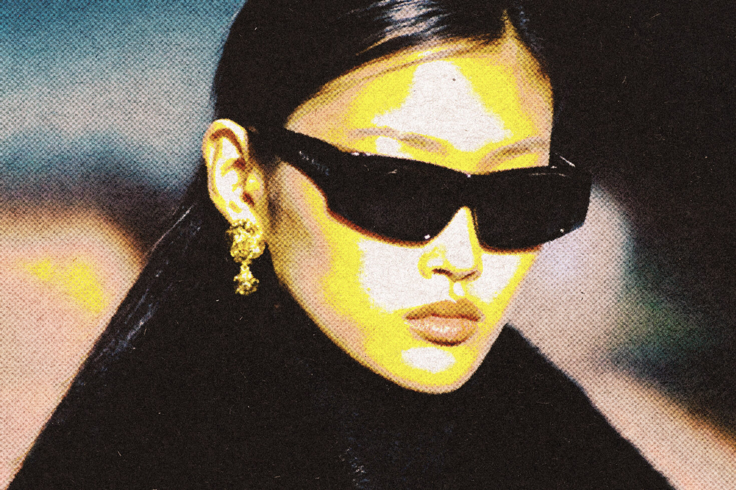 Stylized image of a woman in dark sunglasses with golden earrings, ideal for designers seeking retro-inspired graphics and portrait design assets.