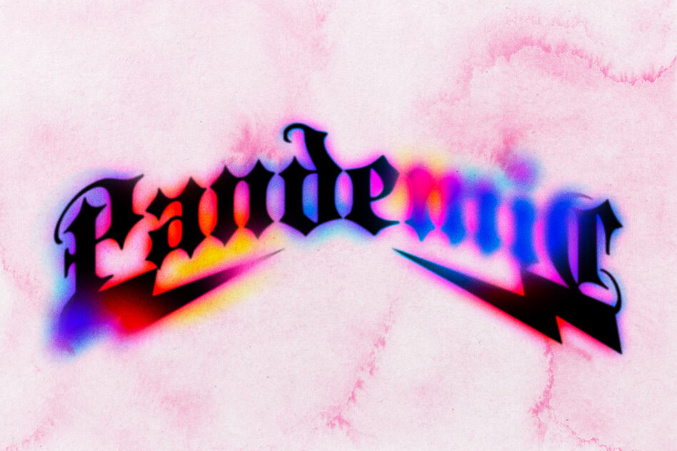 Glitchy gothic lettering with neon rainbow glow on pink watercolor background