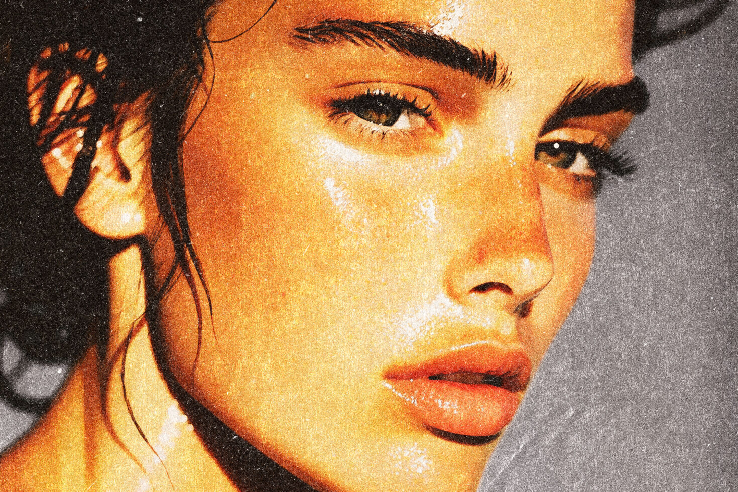 Close-up of woman with textured gritty filter effect on skin shiny lips. Ideal for digital illustration projects photo manipulation design assets.