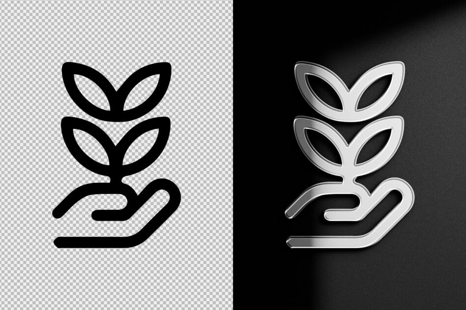 Line icon of hand holding plant with leaves, shown in flat black line version plus metallic chrome version
