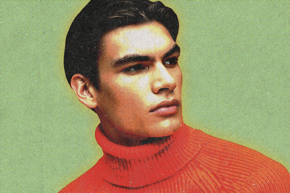 Portrait of man in red turtleneck against lime green background with halftone dot texture