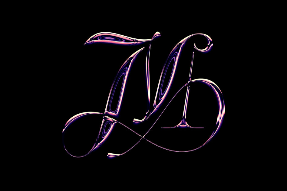 Cursive script lettering with gradient chrome glow in pink to purple tones