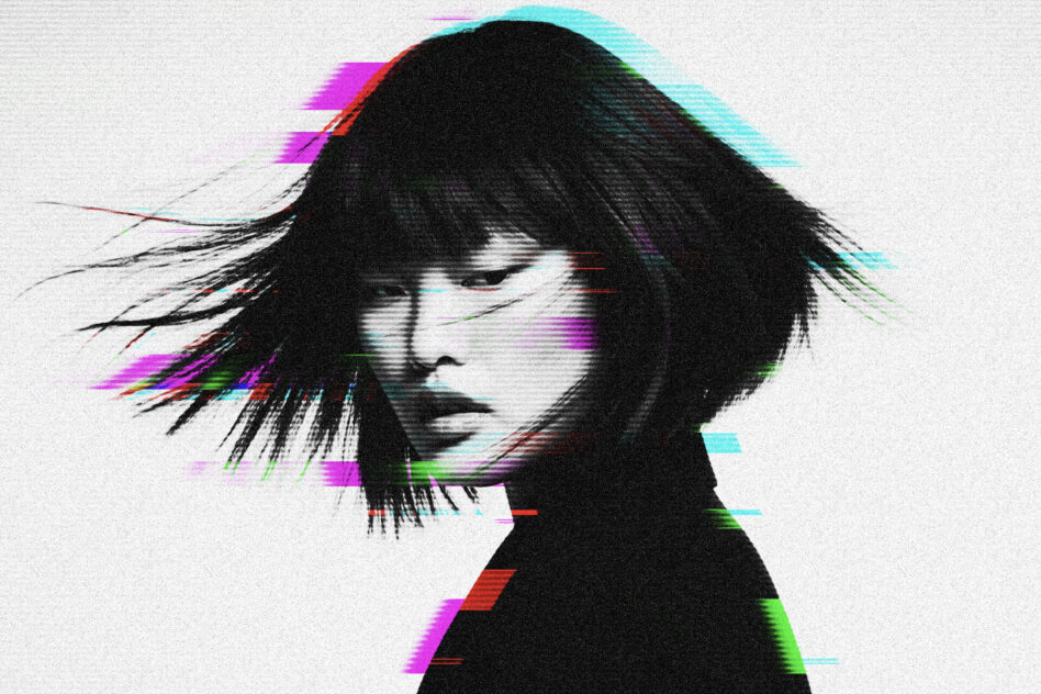 Portrait with glitch effect, neon pink cyan overlays on black silhouette