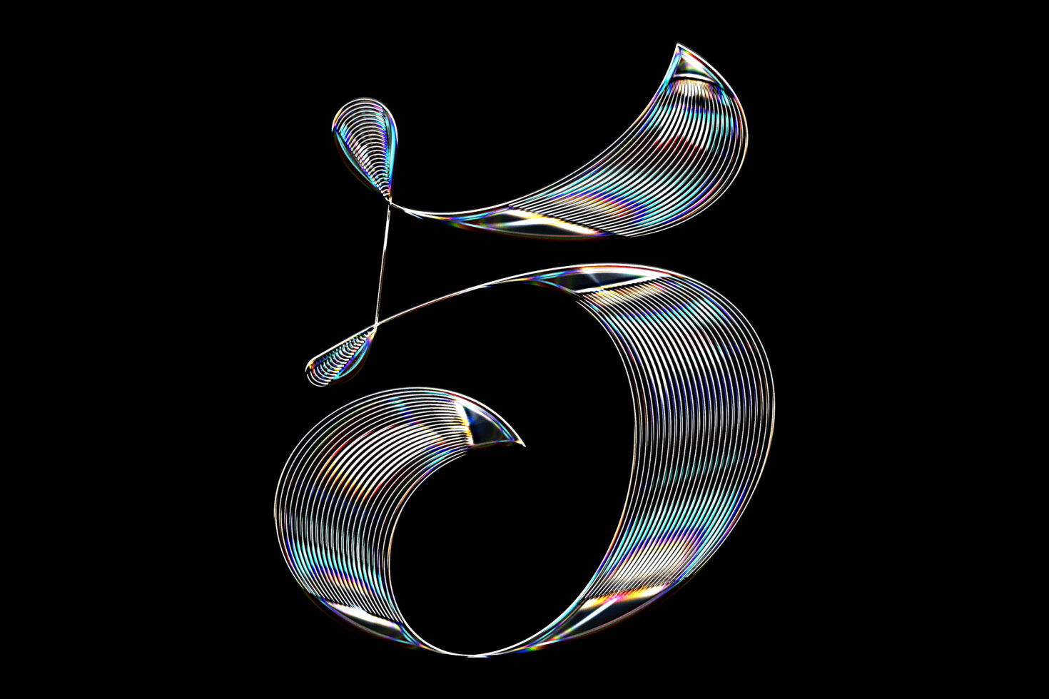 Digitally crafted number 5 with iridescent effect on black background perfect for typography projects fonts and graphic design resources.