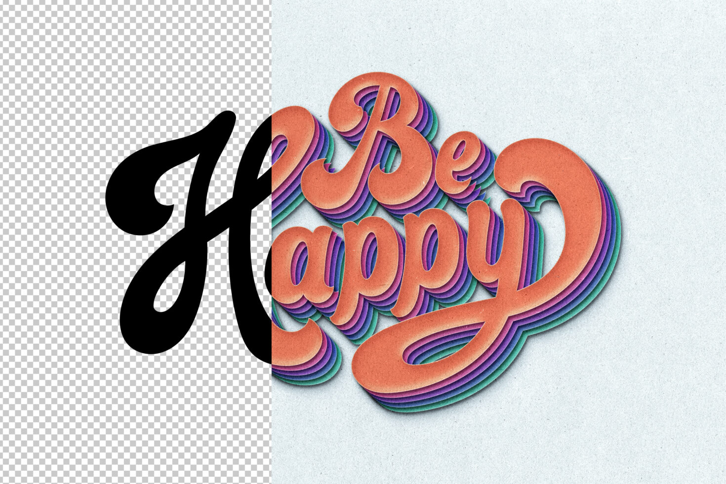Colorful 3D layered typography graphic with the text Be Happy on partially transparent background, ideal for design mockups and creative projects.