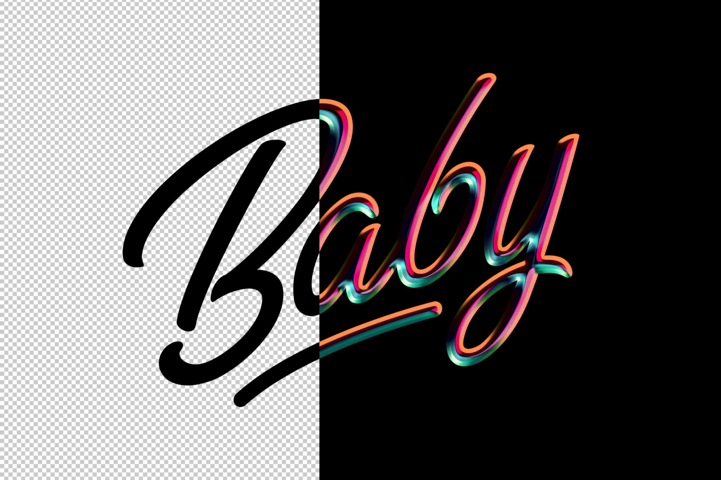 Colorful 3D Baby text overlay design. Half black script on transparent background, half neon 3D effect on black. Perfect for graphics, typography.