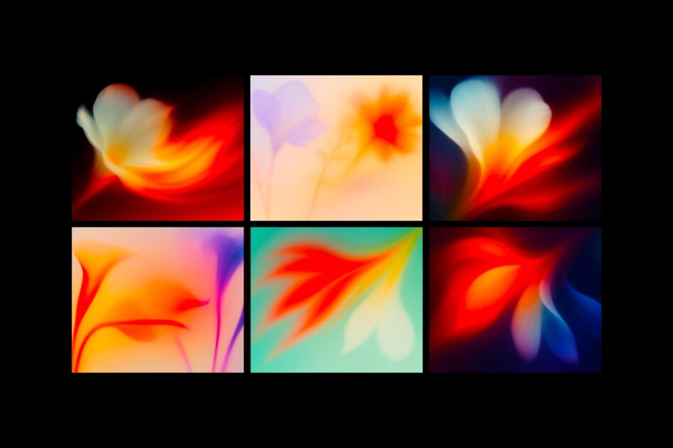 Grid of 6 blurred abstract images with flowing warm colors like orange, red, yellow, pink, teal gradients