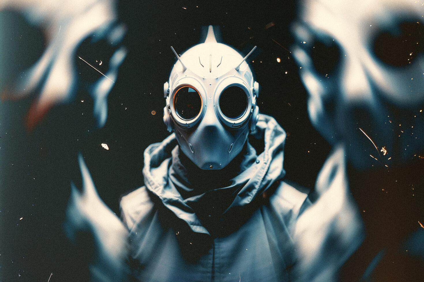 Futuristic character wearing a sci-fi mask with glowing eyes surrounded by blurred figures surreal atmosphere digital art design graphic resources