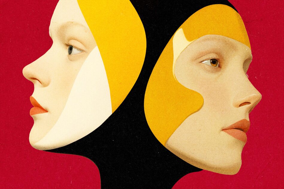 Two profile portraits of women facing opposite directions on bold red background with yellow geometric shapes
