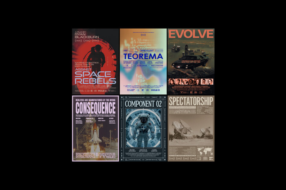 Six sci-fi movie posters arranged in a grid on black background