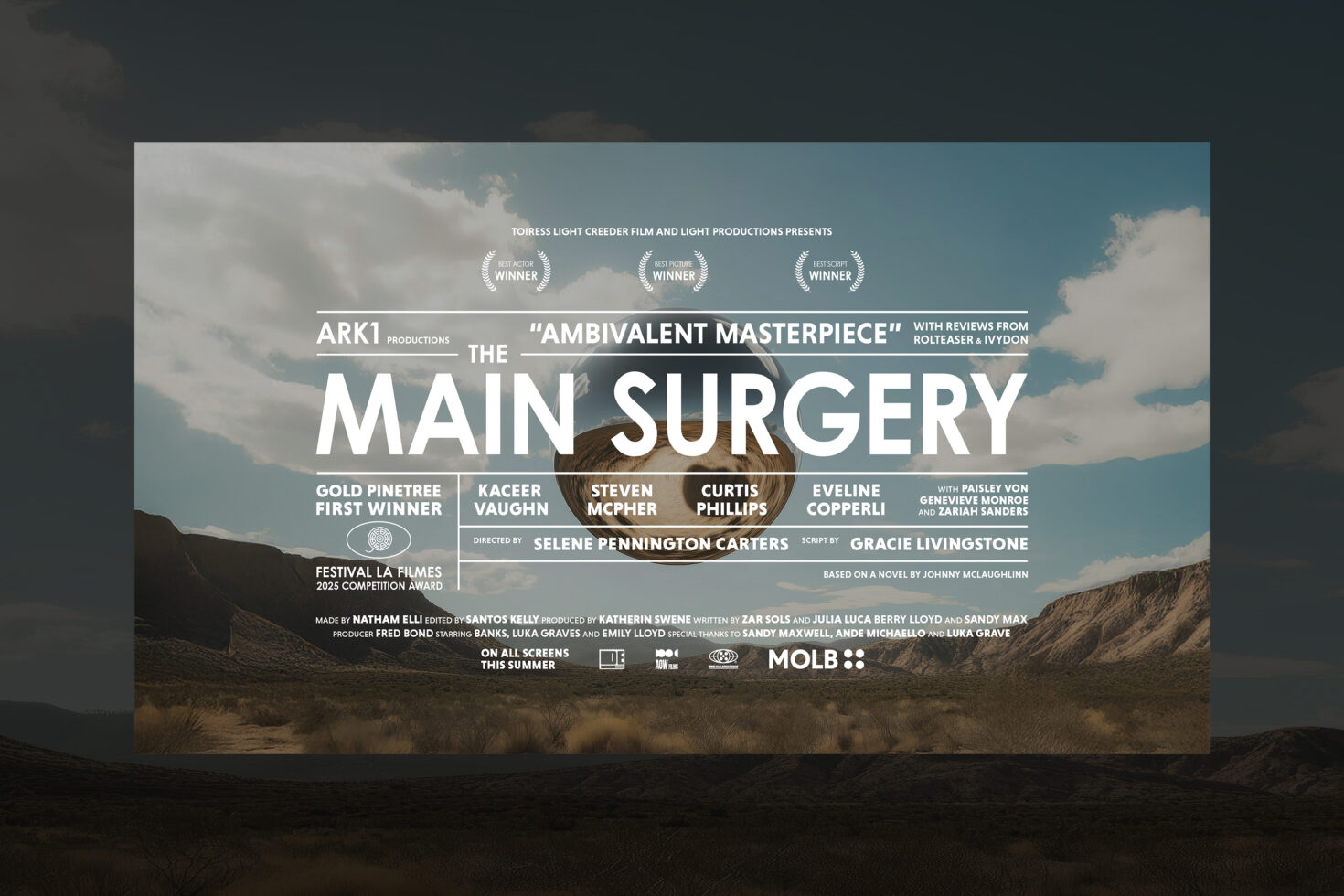 Movie poster design template featuring bold typography and dramatic desert background ideal for film-themed graphics. Includes award and director credits.