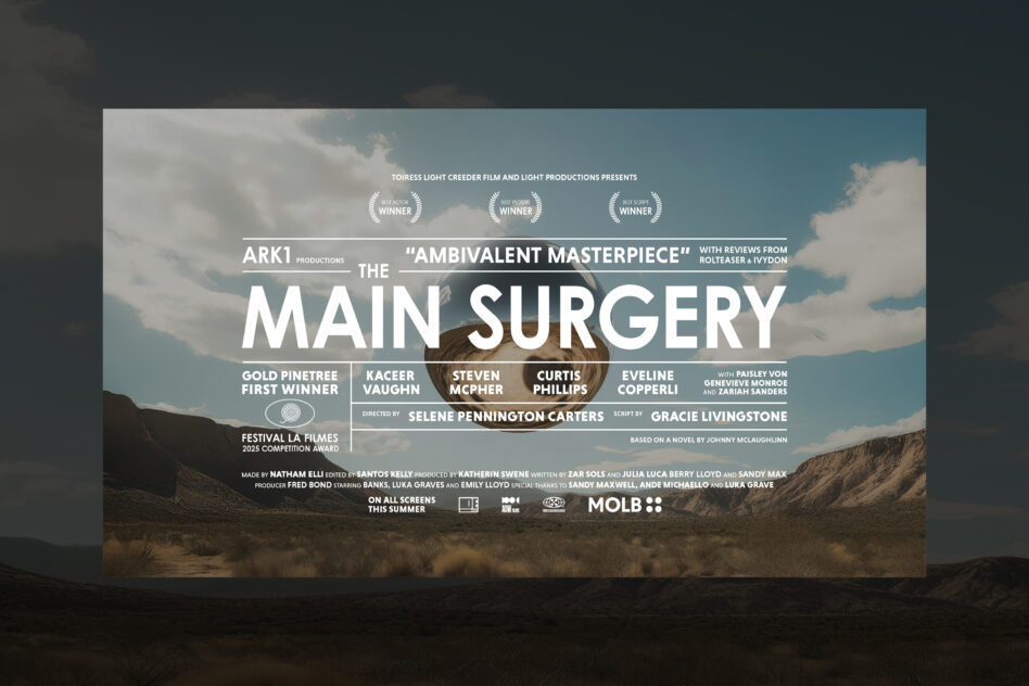 Desert landscape movie poster for Main Surgery with cast credits on layered typography