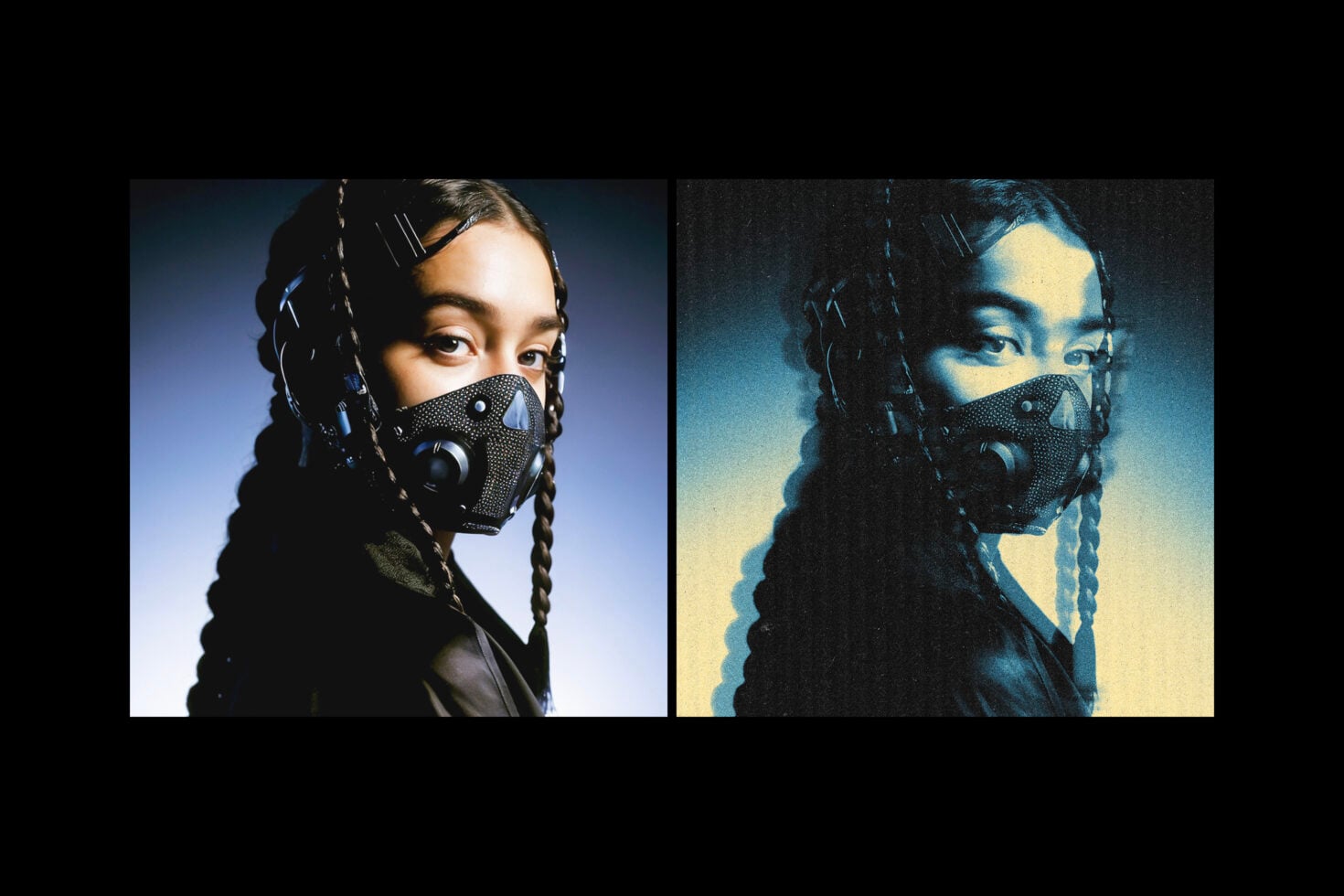 Portrait in breathing mask with braids, blue right side yellow left