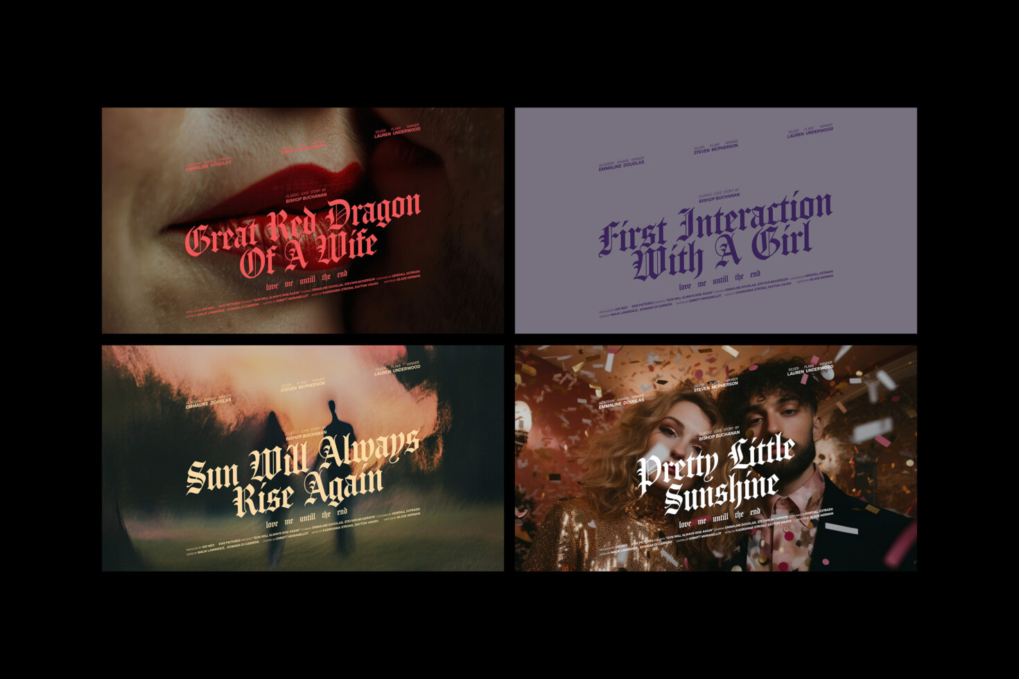 Gothic-inspired typography design showcasing bold headlines in various emotional movie-style posters. Perfect for creative design templates and graphics.