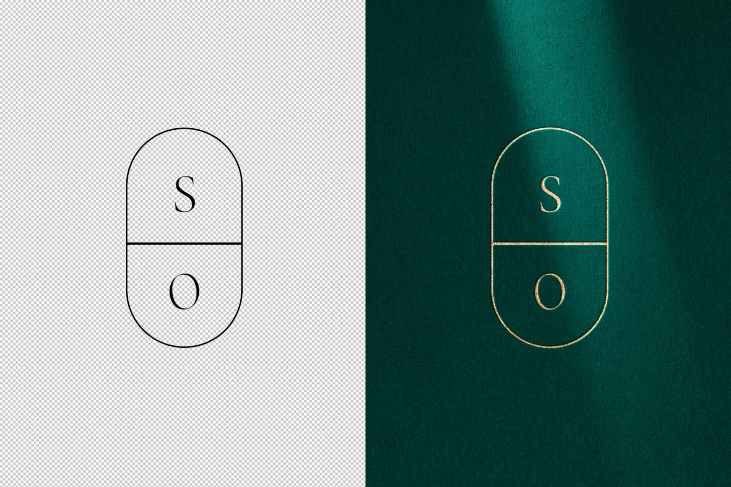 Minimalistic logo mockup on transparent and textured green background showcasing elegant design suitable for branding, templates, graphics, digital assets.