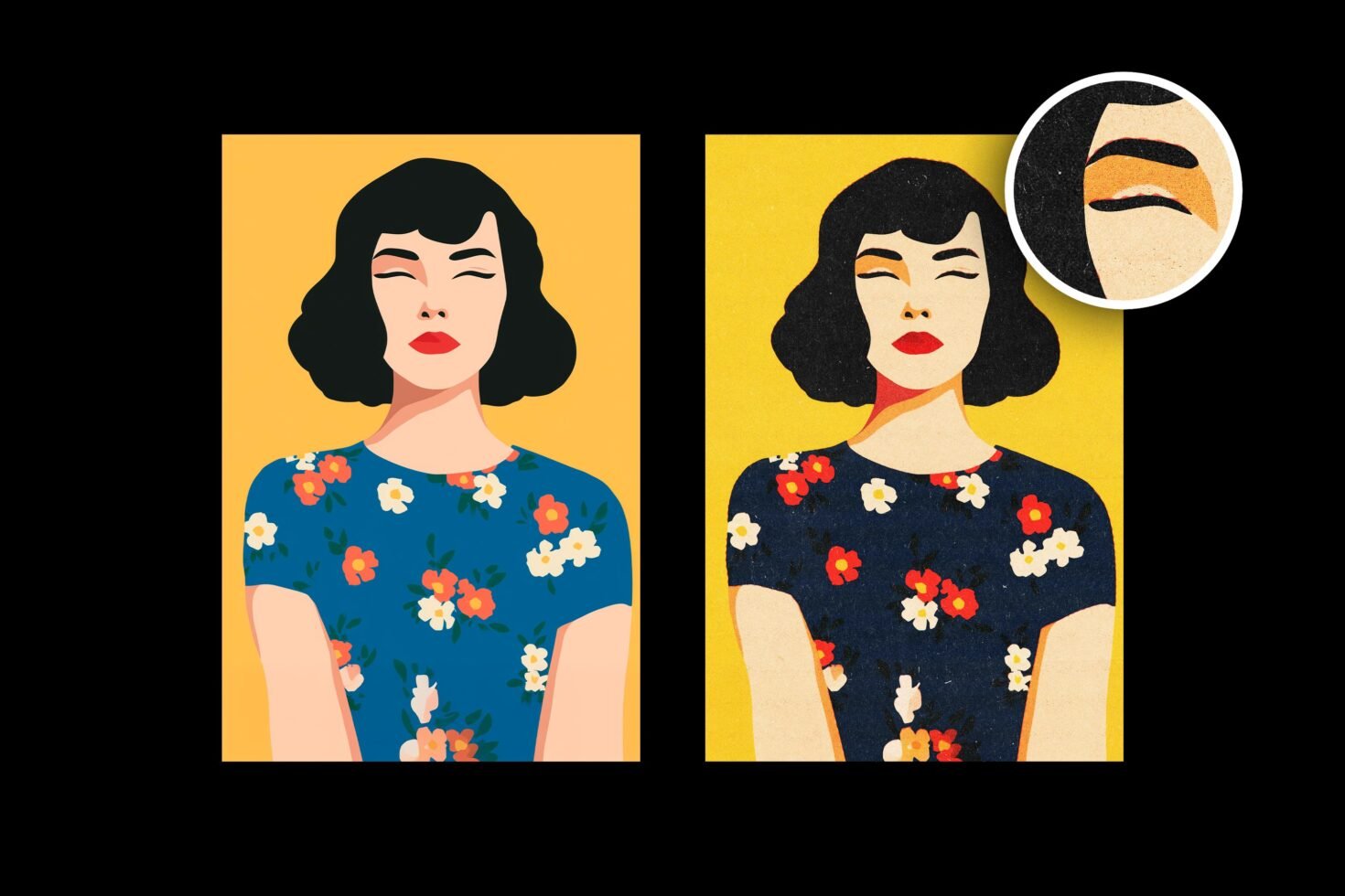 Illustration of woman with floral dress in modern style suitable for graphic design projects and digital art mockups yellow background SEO friendly