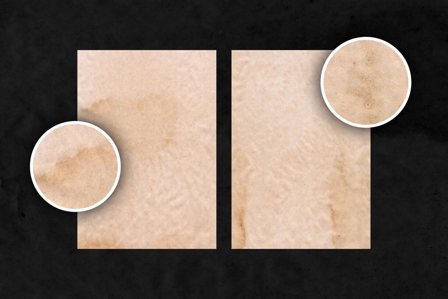 Two sheets of textured beige paper on a dark background, ideal for vintage stationery mockups. High-resolution with detailed close-ups for graphic design.