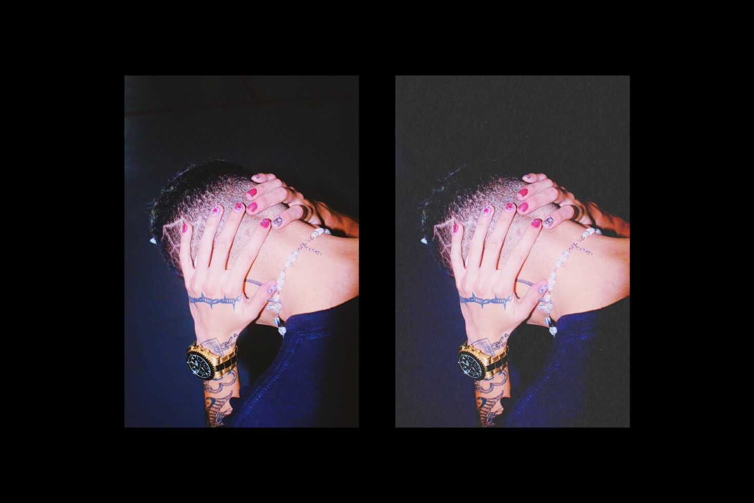 Person with painted nails and tattoos covers face with hands wearing gold watch and necklace. Vibrant colors with dark background. Suitable for fashion graphics.