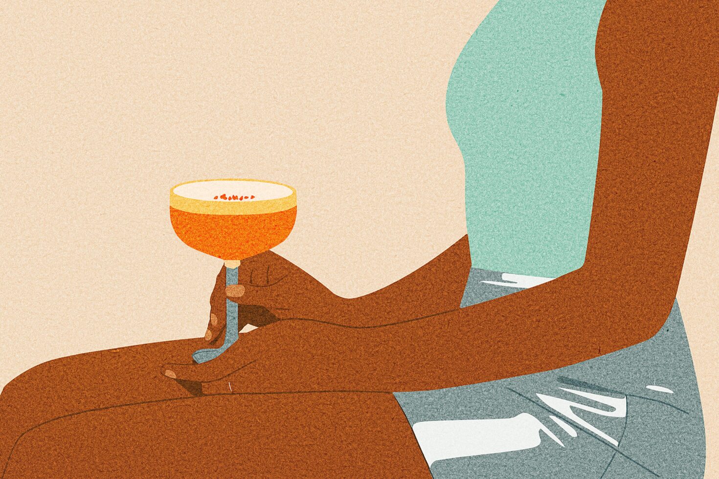 Illustration of a person holding an orange cocktail glass. Ideal for design templates, graphics, and mockups. Keywords: illustration, cocktail, design assets.