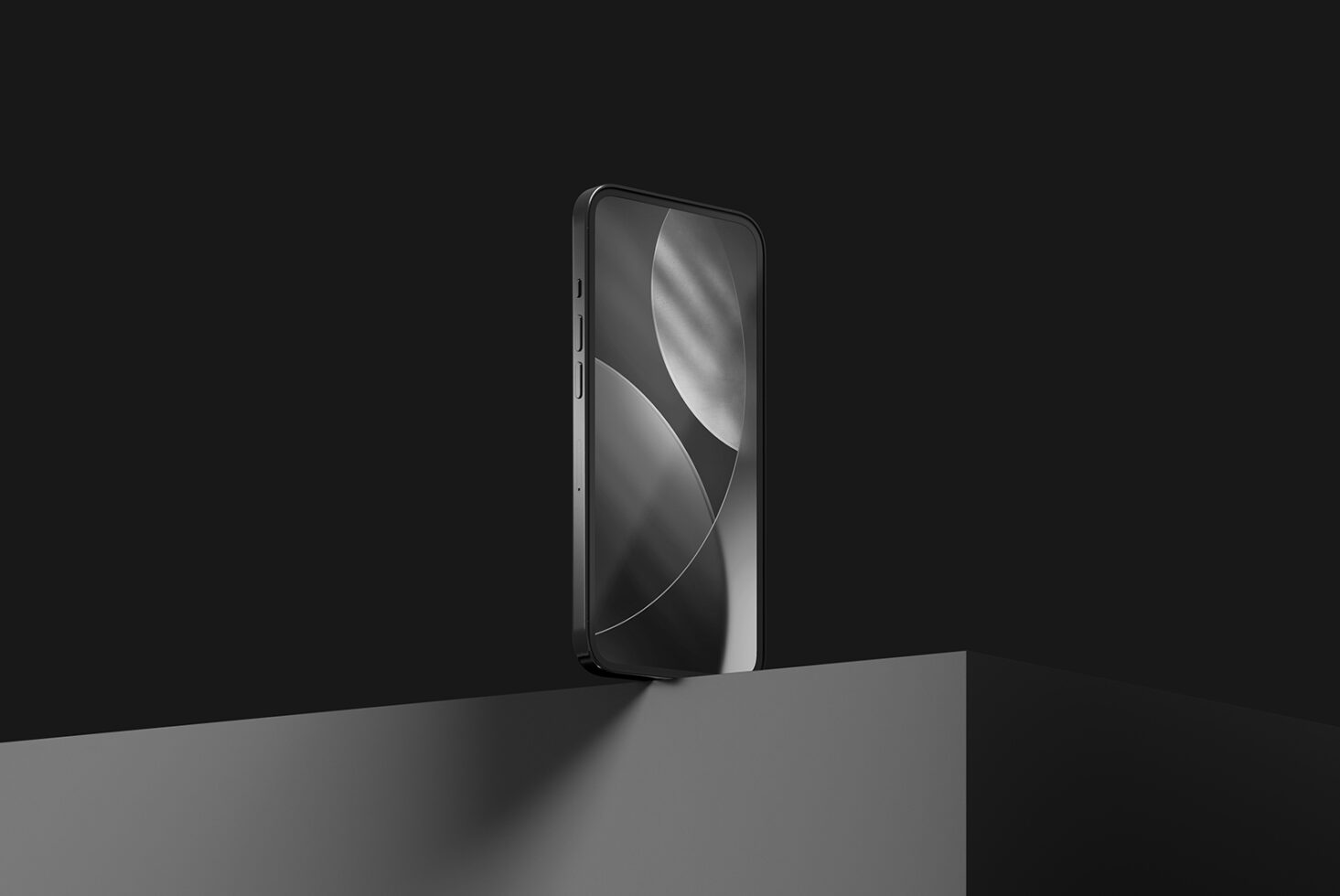Smartphone mockup on a dark minimalist background, featuring a sleek design and abstract geometric wallpaper, ideal for showcasing digital assets.
