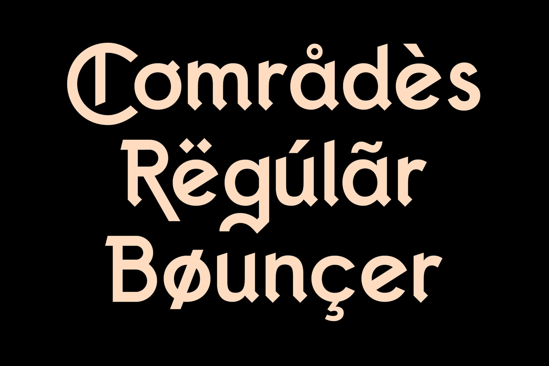 Comrades Regular Bouncer typeface displayed in cream on black background