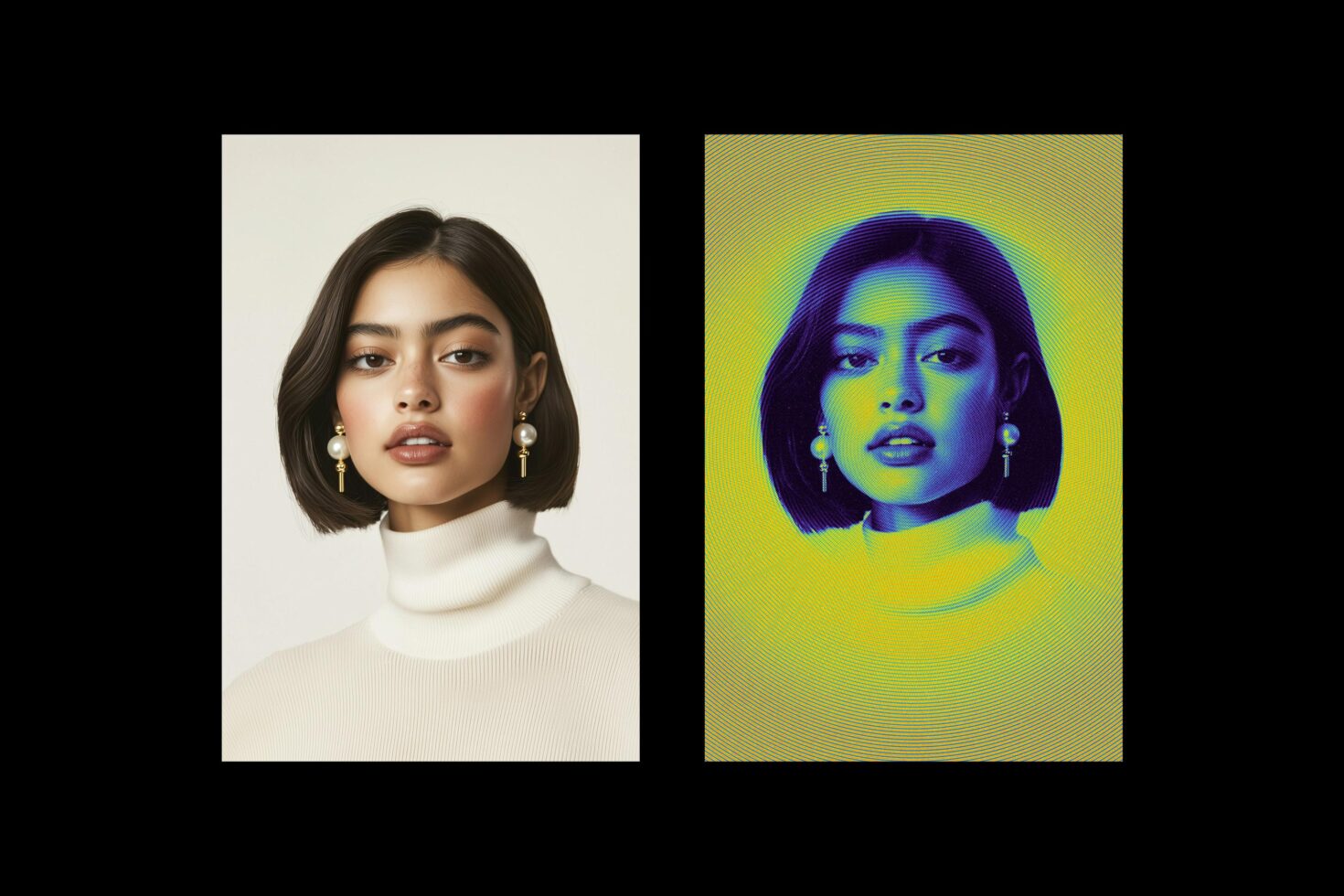 Side by side portraits of woman with bob haircut, pearl earrings, vibrant scan effect