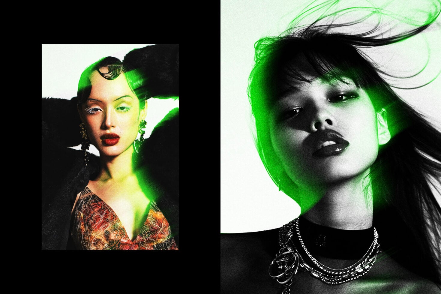 Two portrait photos with neon green light streaks, one with bold makeup one with chains