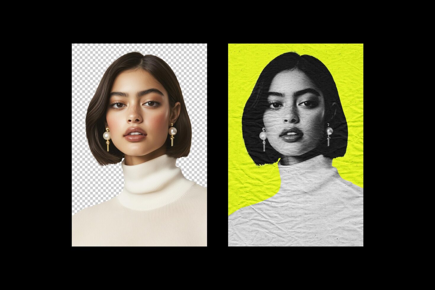 Portrait mockup with a modern design. Features a woman with pearl earrings against transparent and textured backgrounds. Ideal for graphic designers.