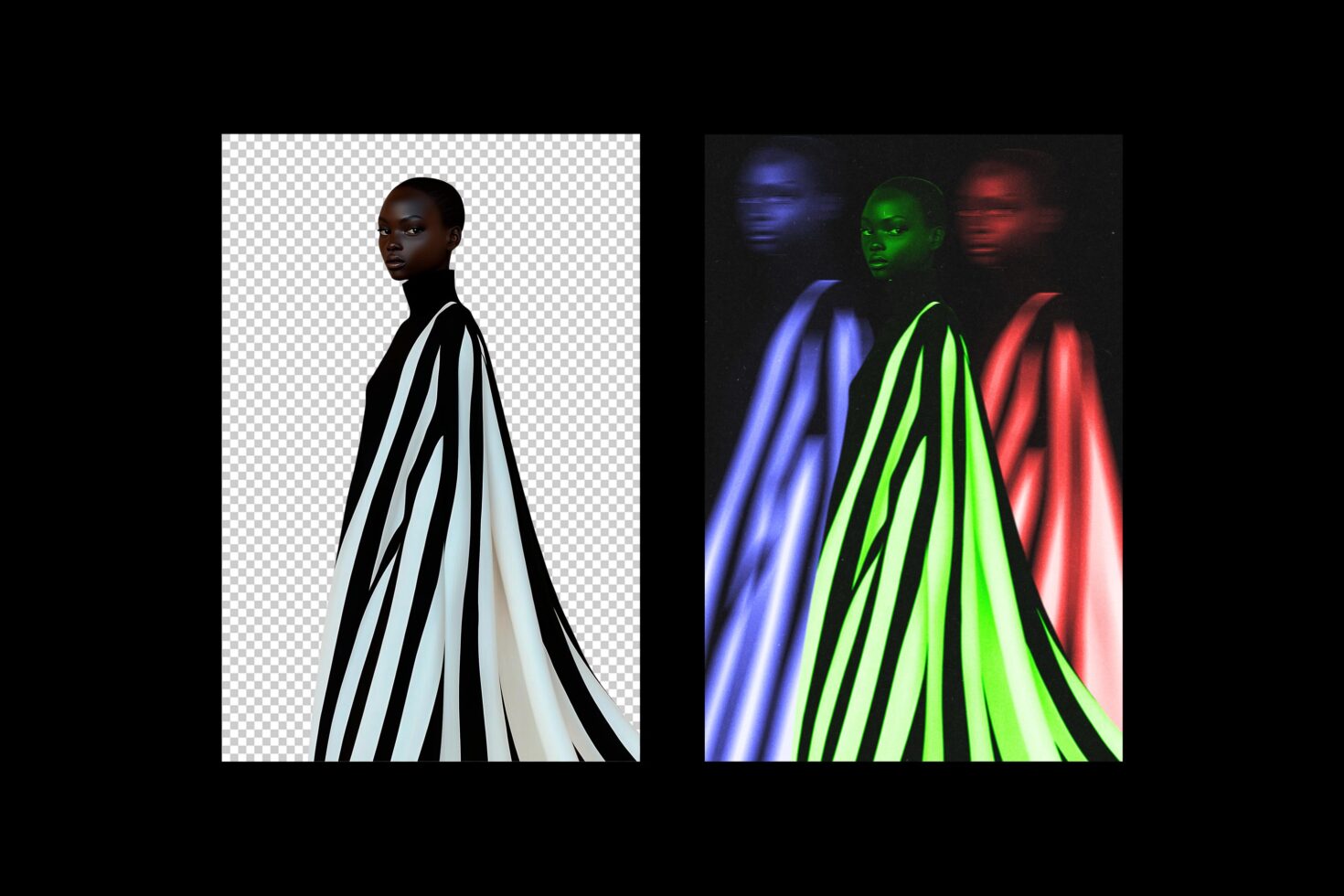 Fashion model in striped gown two versions image. One with transparent background and other with RGB overlay effect. Perfect for graphic design and edits.