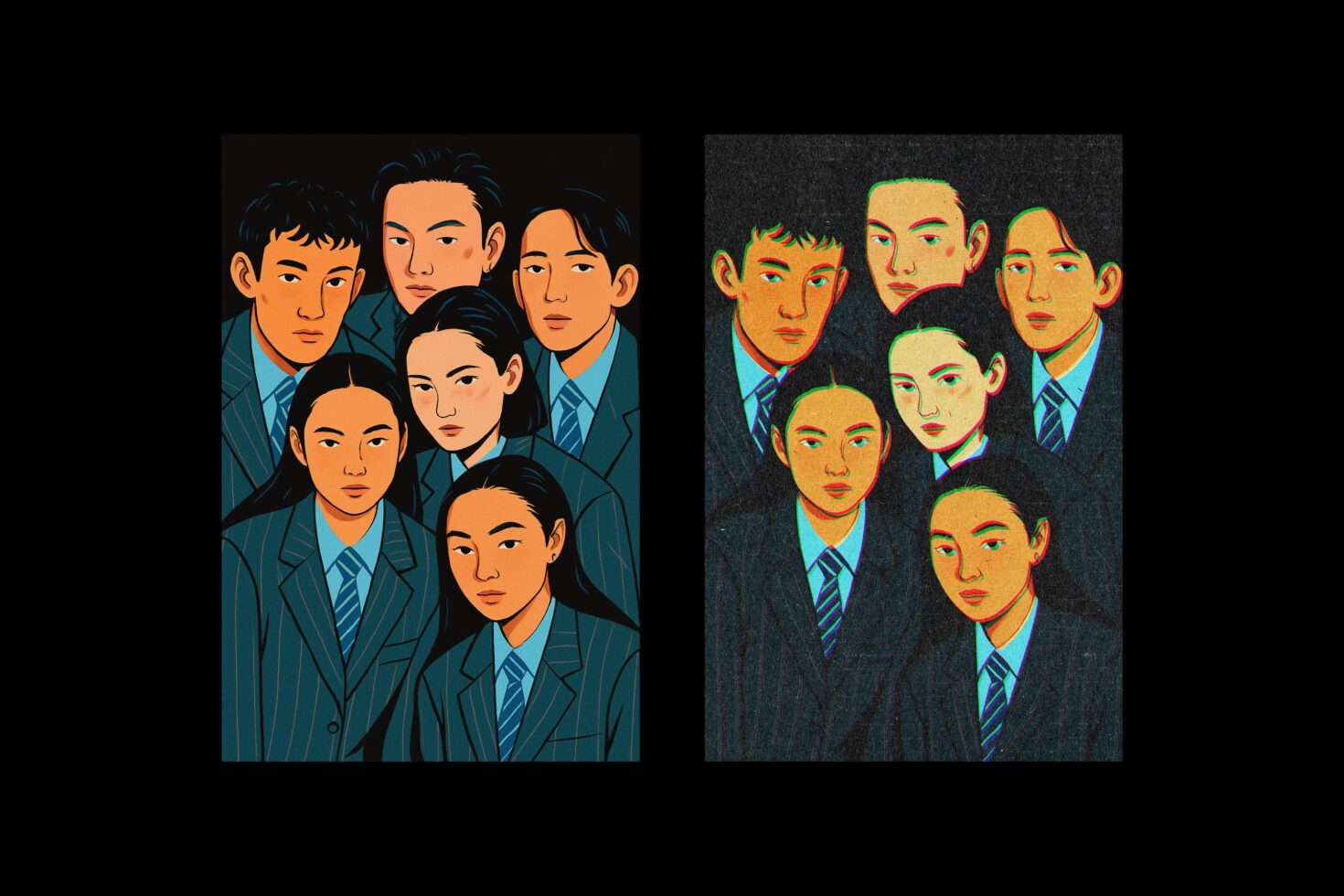 Colorful digital illustration of a group portrait with diverse styles featuring young professionals. Perfect for graphics and templates in creative designs.