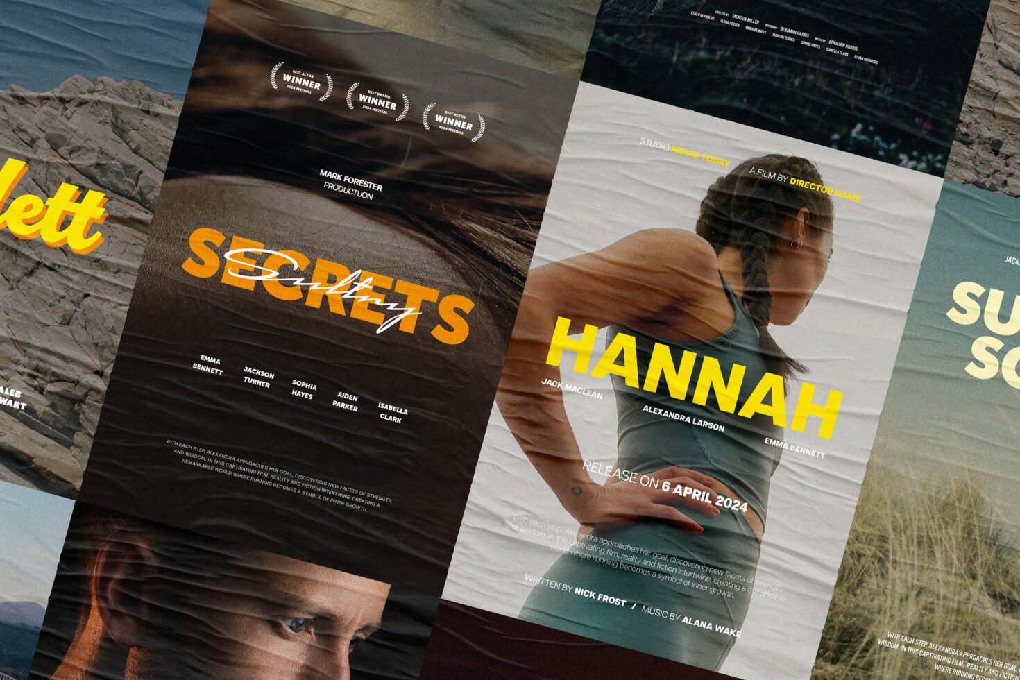 Movie poster mockups, textured paper background. Keywords: film, design, template, mockup, graphic, poster, layout, typography, textured paper.