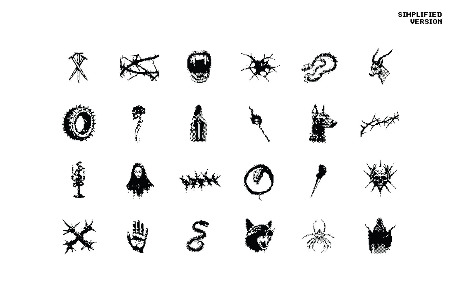 Collection of black and white pixelated icons featuring skulls, animals, and abstract symbols. Suitable for graphic design, templates, and branding.