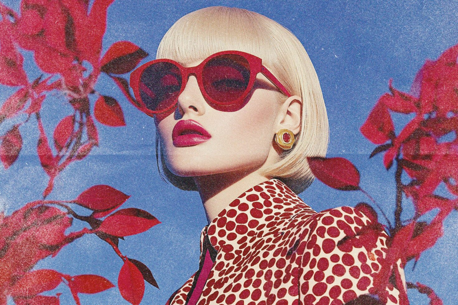 Blonde woman in red sunglasses with patterned jacket surrounded by red foliage