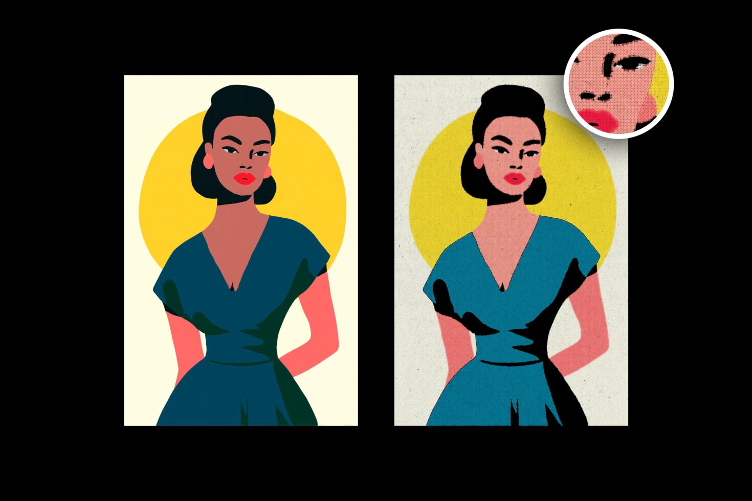 Pop art portrait woman in blue dress with yellow circle background, showing detail zoom