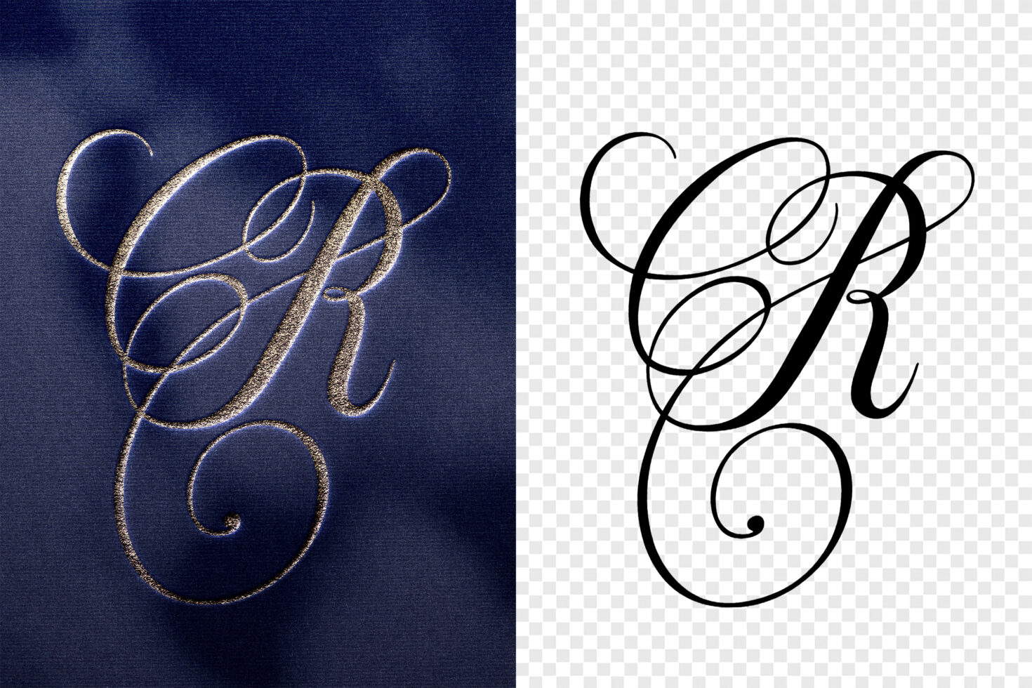 Elegant cursive monogram on navy fabric, shown in gold with clean outline