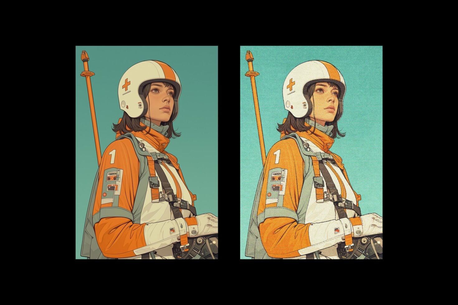 Sci-fi character in orange suit holding staff, before-after scanline comparison