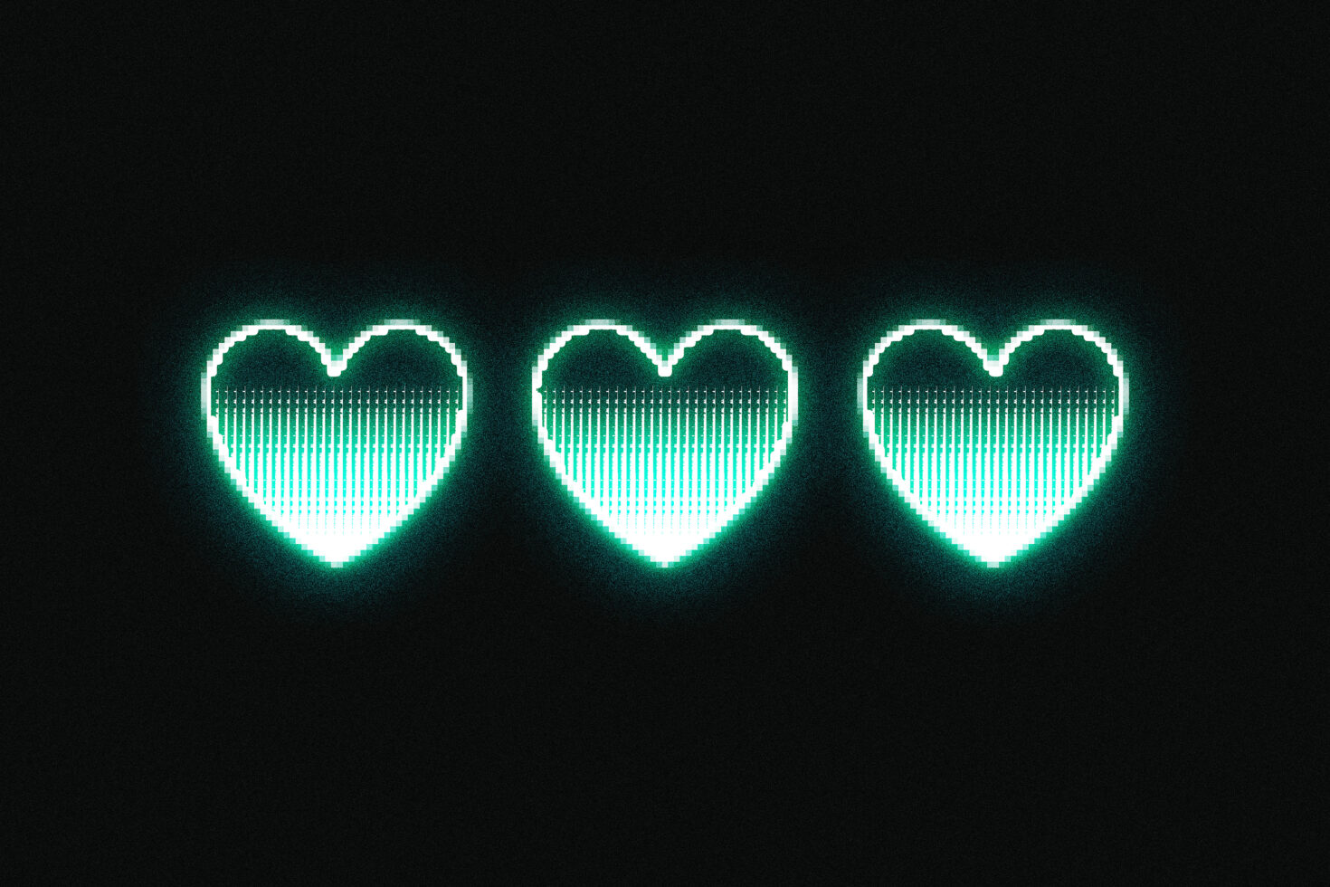 Three glowing neon hearts with vertical scan lines on dark background