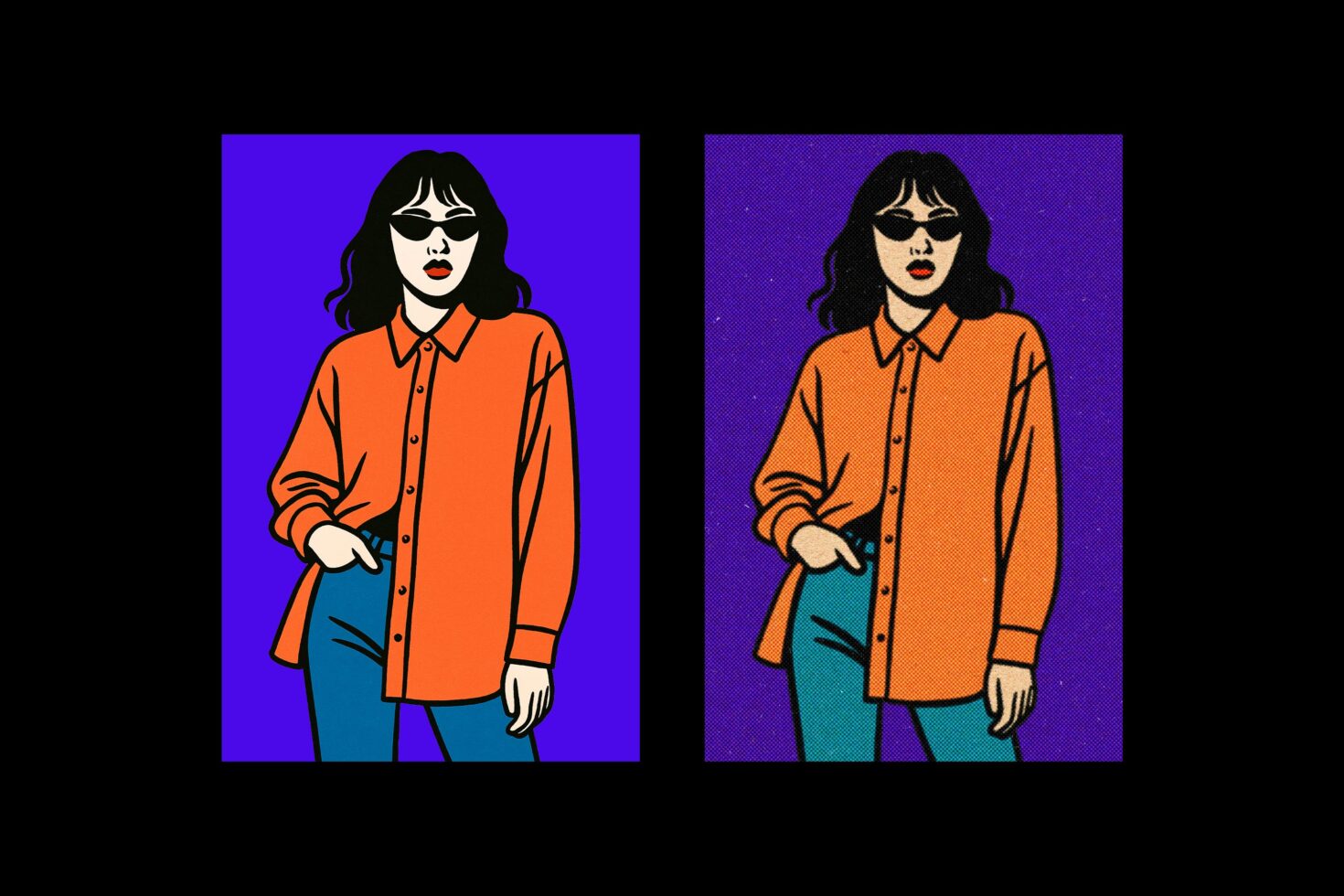 Cool person in orange shirt, sunglasses, pop art style two color variations