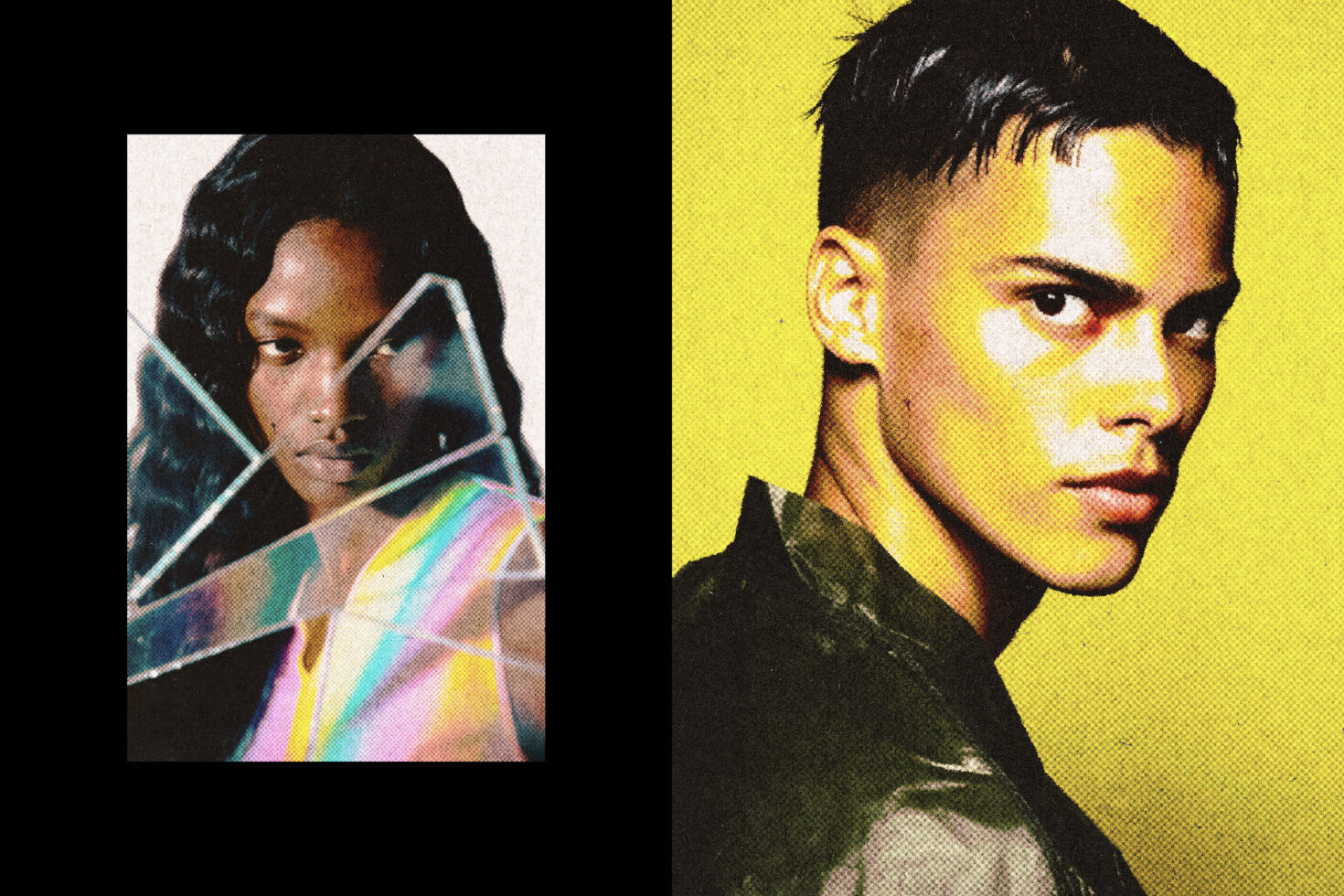 Split portrait design featuring two individuals in vibrant colors. Ideal for graphic projects, template mockups, and creative digital assets for designers.