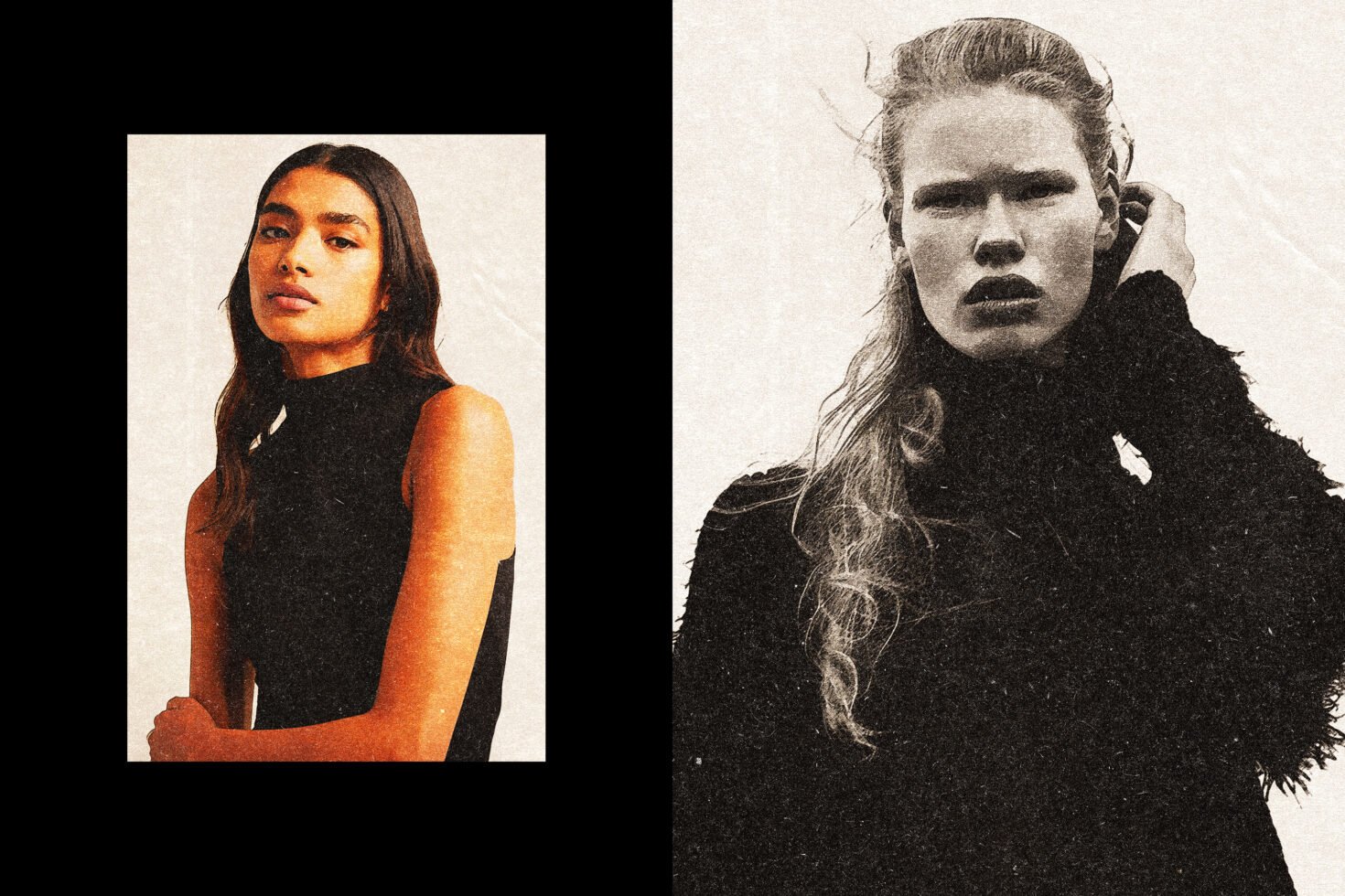 Vintage style portraits of two women in textured black and white editorials. Ideal for design mockups or fashion templates. Retro photography effect.