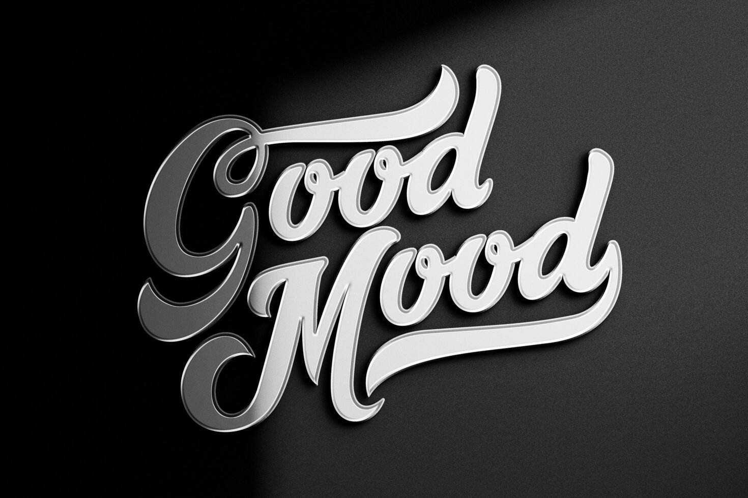 Stylish script typography on a dark textured background spelling Good Mood perfect for design projects. Keywords: typography mockup script design asset.