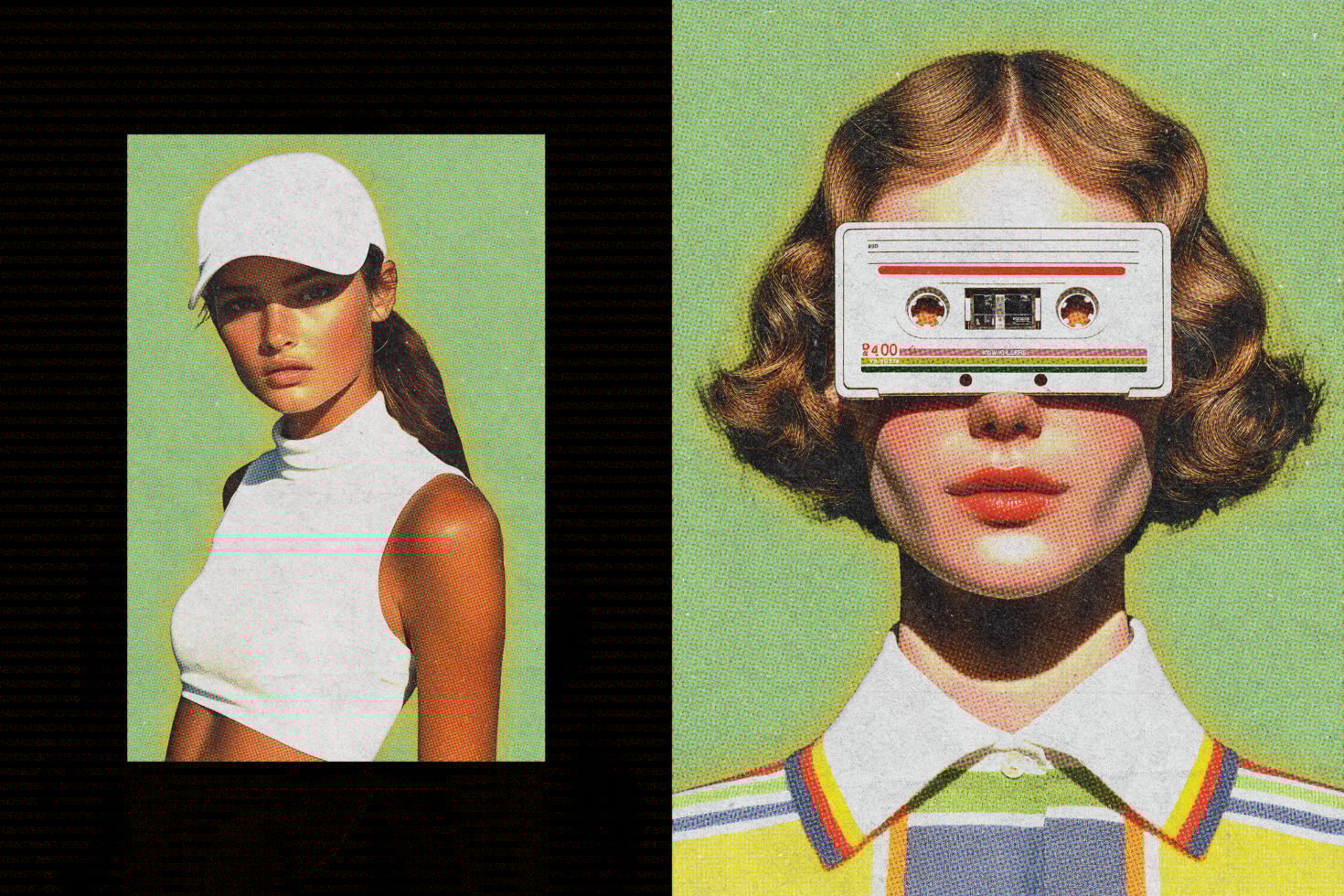 Vintage-inspired graphics featuring a woman in a cap and a retro cassette collage. Perfect for design mockups and creative templates. Green background.