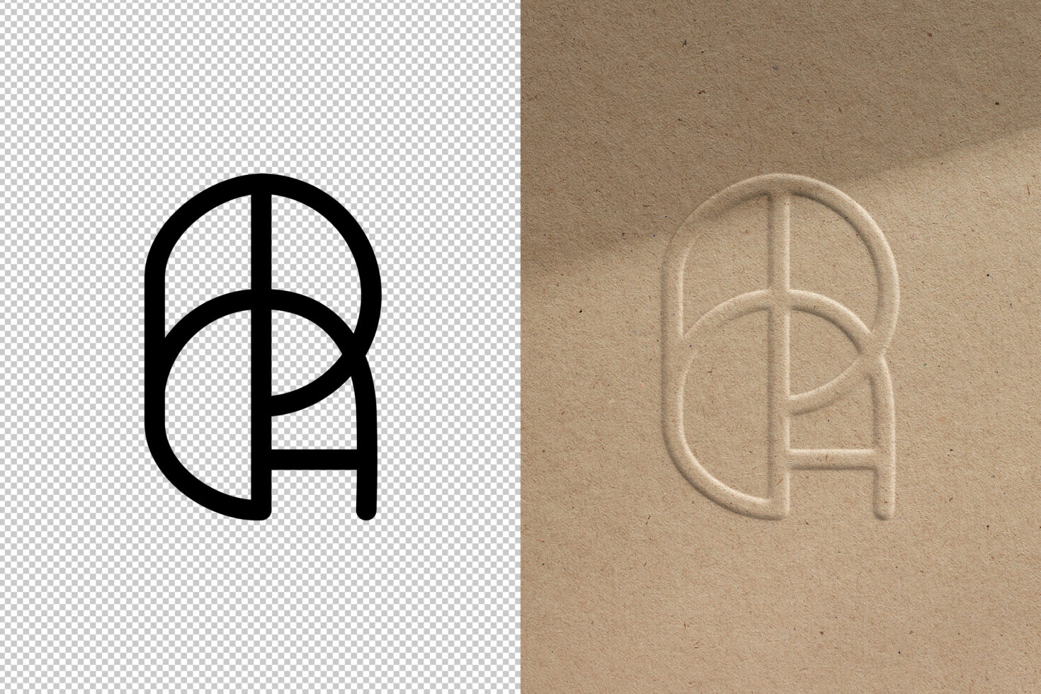 Minimalist logo design mockup featuring overlapping geometric lines in black and embossed on textured brown paper. Ideal for branding and graphic design.