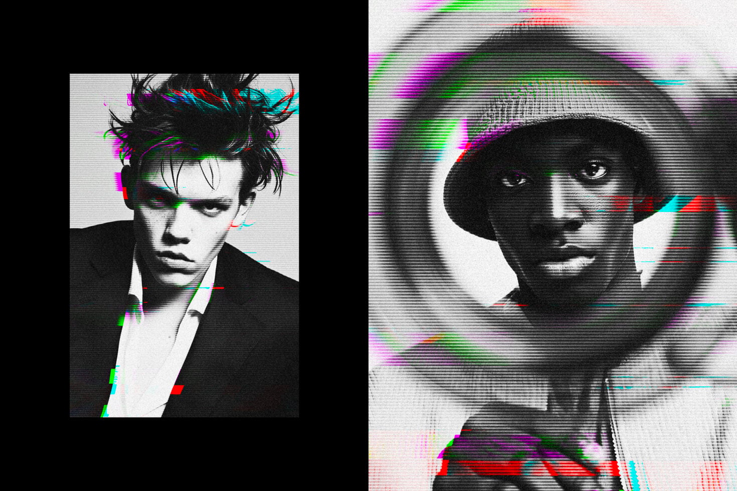 Diptych of two faces with chromatic aberration glitches, scanline distortions in neon color channels