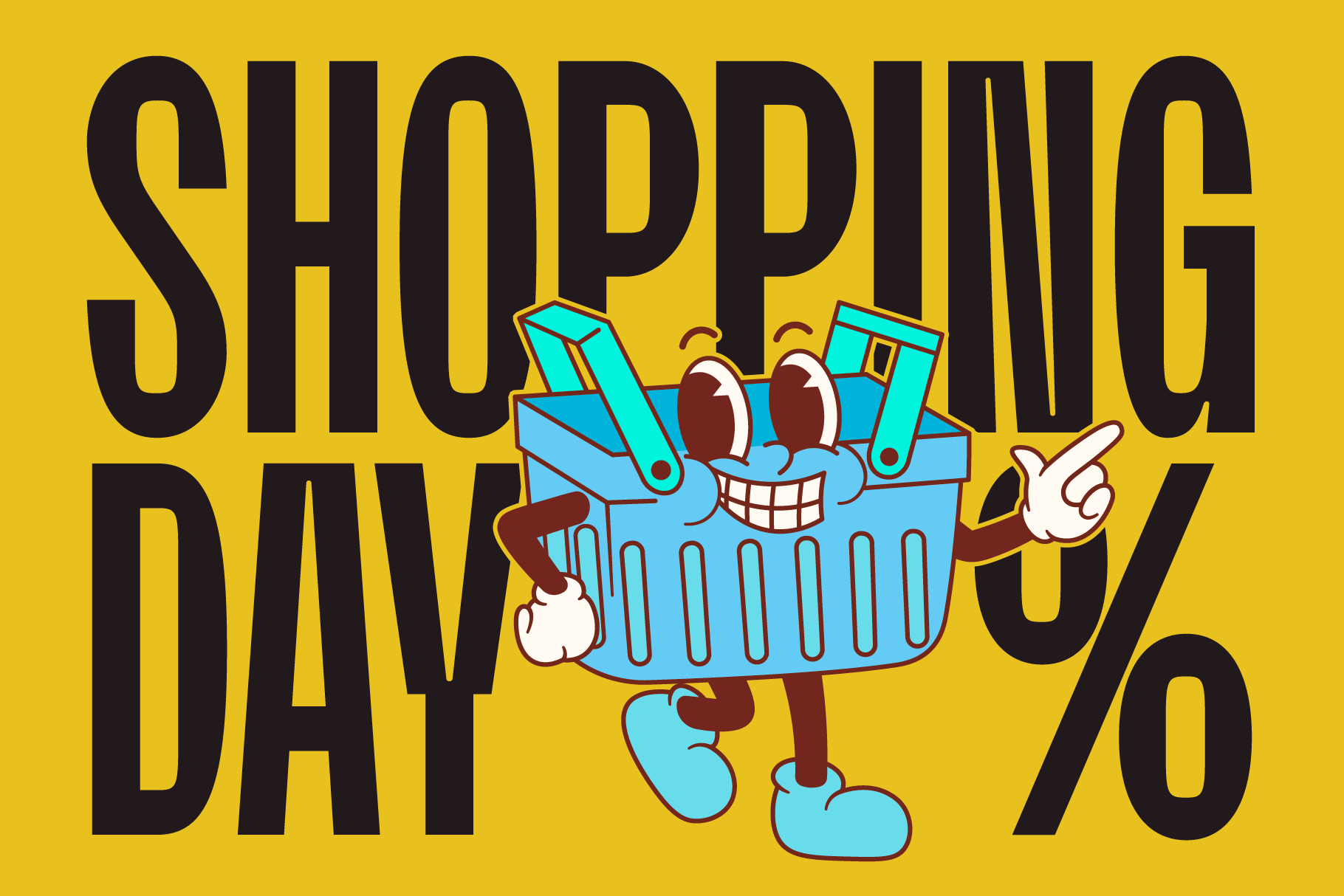 Vintage shopping basket character with text Shopping Day percent on yellow background. Retro graphic suitable for creative design assets and templates.