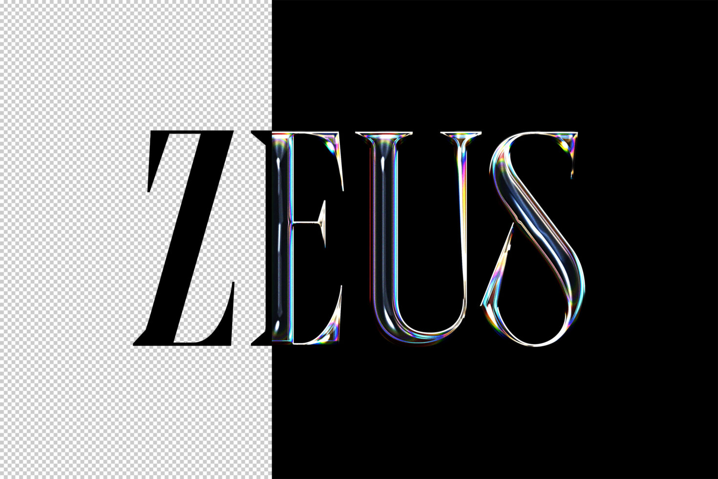 Elegant holographic 3D text Zeus on split black and transparent background perfect for modern graphic design typography projects visual mockups templates