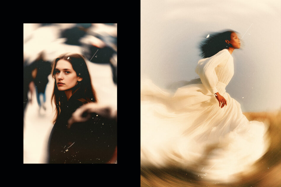 Split layout with moody portrait on left, flowing white dress motion shot on right