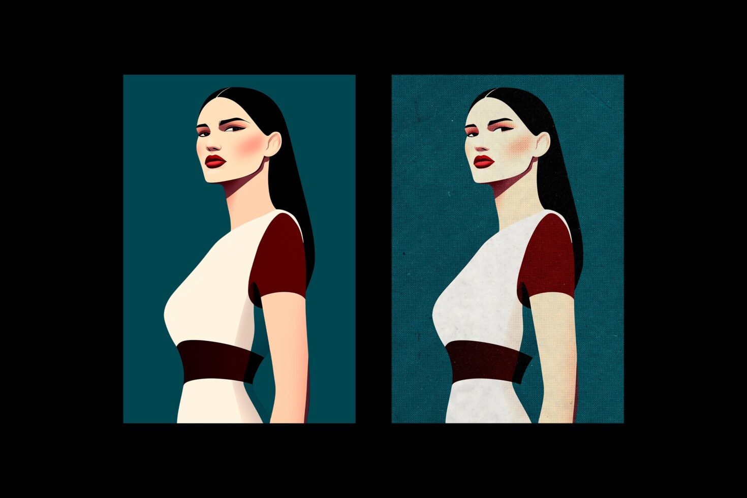 Illustration of a stylized woman in profile with red lips, black hair and a modern dress against a dark teal background. Perfect for graphic design assets.